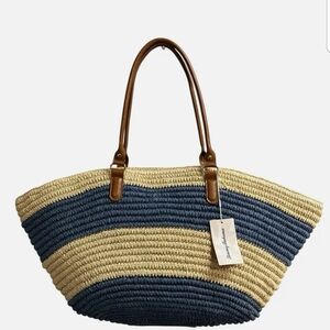 Tommy Bahama Striped Blue and Tan Woven Tote Bag NWT 💙